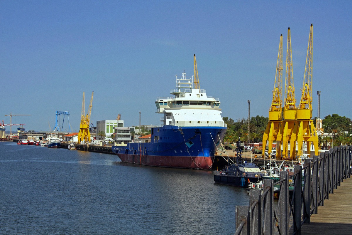Der Hafen von Huelva vom Muelle del Tinto aus, mit Frachtschiff und Hafenkränen